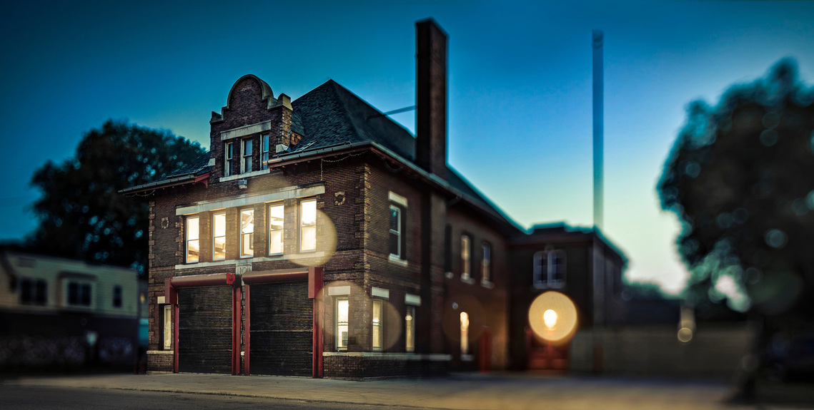 This is an exterior view of Enginehouse 27--a photography and videography studio available for daily rental in Detroit, Michigan. 
