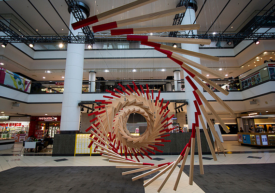 chinese new year 2018, fortune circle, market city, Sydney art installation, australian installation artist, chinese fortune sticks, CNY 2018, wood helical circle sculpture, wood helical spiral sculpture, suspended installation, artist Melissa carey