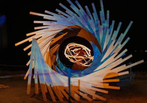video projection art, parametric sculpture, timber helical spiral sculpture, artist Melissa carey, spiral sculpture, timber spiral art, wood spiral art, Australian contemporary artist, Strand ephemera 2019, sculpture festival art