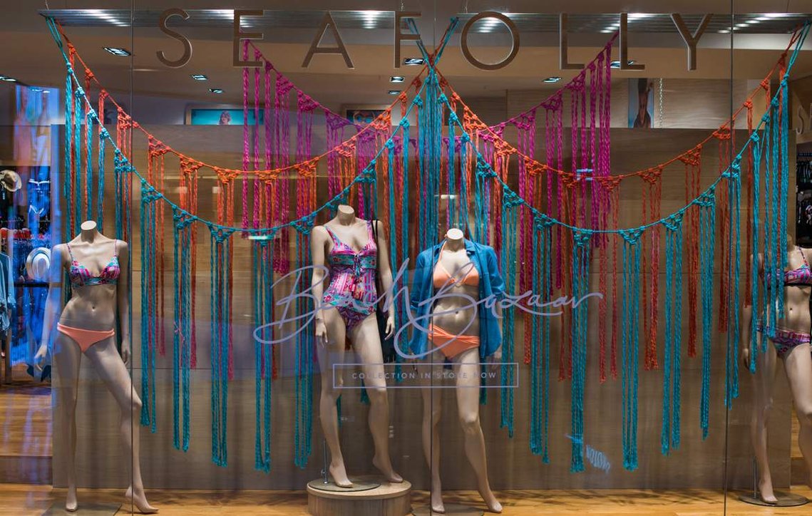 Seafolly art installation, seafolly window installation, seafolly australia, installation artist Sydney, suspended installation, art installation Sydney, art installation Australia, macramé art installation, 