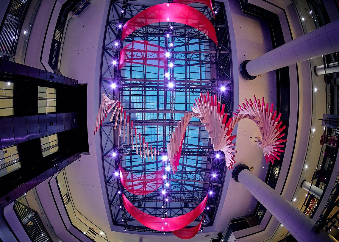 chinese new year 2018, fortune circle, market city, Sydney art installation, australian installation artist, chinese fortune sticks, CNY 2018, wood helical circle sculpture, wood helical spiral sculpture, suspended installation, artist Melissa carey
