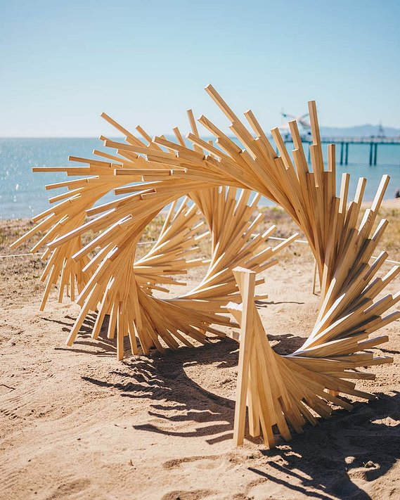 australian installation artist, parametric sculpture, timber helical spiral sculpture, artist Melissa carey, spiral sculpture, timber spiral art, wood spiral art, Australian contemporary artist, Strand ephemera 2019, sculpture festival art