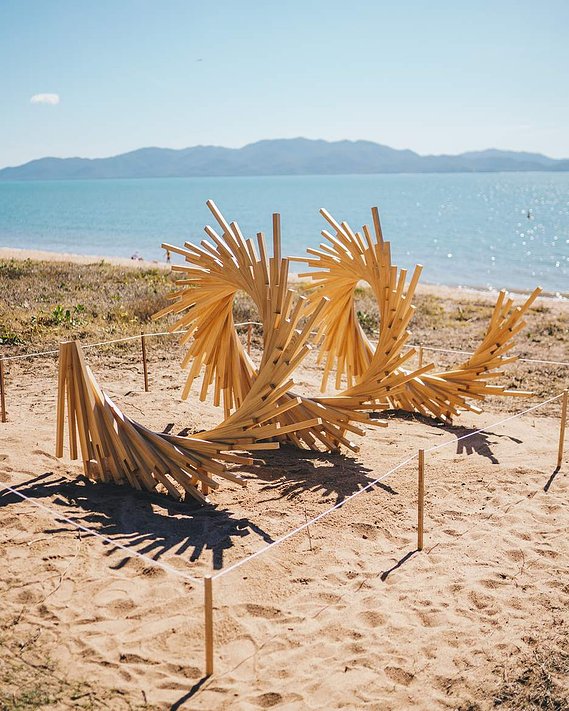 australian installation artist, parametric sculpture, timber helical spiral sculpture, artist Melissa carey, spiral sculpture, timber spiral art, wood spiral art, Australian contemporary artist, Strand ephemera 2019, sculpture festival art