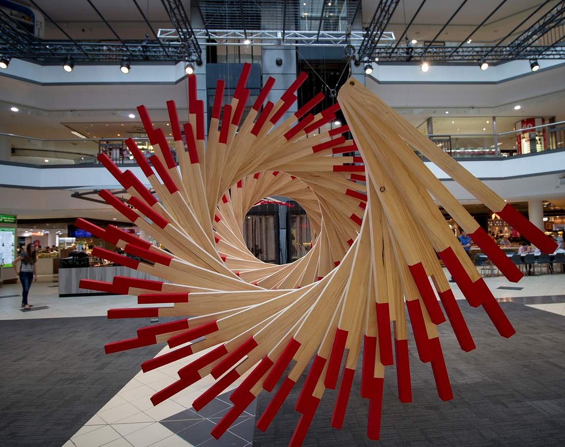 chinese new year 2018, fortune circle, market city, Sydney art installation, australian installation artist, chinese fortune sticks, CNY 2018, wood helical circle sculpture, wood helical spiral sculpture, suspended installation, artist Melissa carey