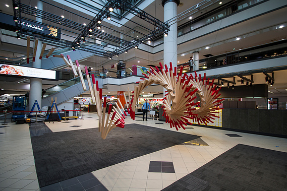 chinese new year 2018, fortune circle, market city, Sydney art installation, australian installation artist, chinese fortune sticks, CNY 2018, wood helical circle sculpture, wood helical spiral sculpture, suspended installation, artist Melissa carey