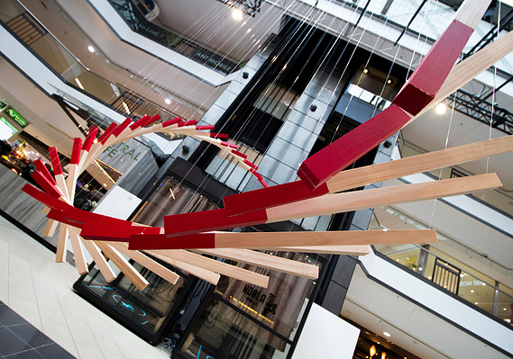 chinese new year 2018, fortune circle, market city, Sydney art installation, australian installation artist, chinese fortune sticks, CNY 2018, wood helical circle sculpture, wood helical spiral sculpture, suspended installation, artist Melissa carey