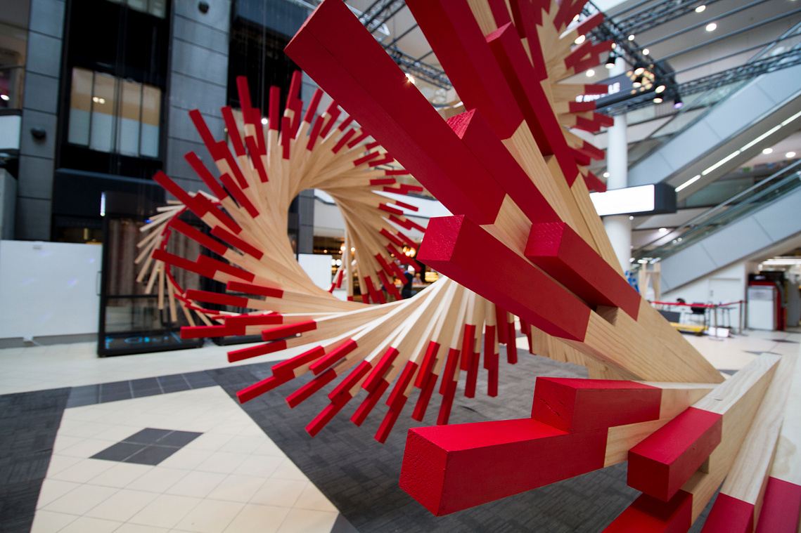 chinese new year 2018, fortune circle, market city, Sydney art installation, australian installation artist, chinese fortune sticks, CNY 2018, wood helical circle sculpture, wood helical spiral sculpture, suspended installation, artist Melissa carey
