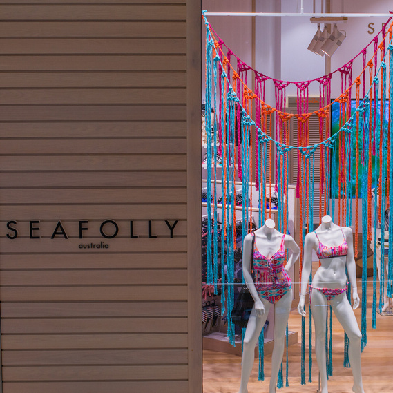 Seafolly art installation, seafolly window installation, seafolly australia, installation artist Sydney, suspended installation, art installation Sydney, art installation Australia, macramé art installation, 