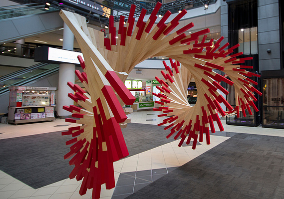 chinese new year 2018, fortune circle, market city, Sydney art installation, australian installation artist, chinese fortune sticks, CNY 2018, wood helical circle sculpture, wood helical spiral sculpture, suspended installation, artist Melissa carey