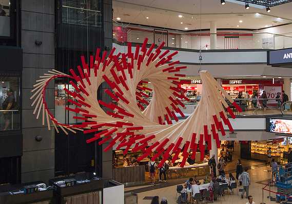 chinese new year 2018, fortune circle, market city, Sydney art installation, australian installation artist, chinese fortune sticks, CNY 2018, wood helical circle sculpture, wood helical spiral sculpture, suspended installation, artist Melissa carey