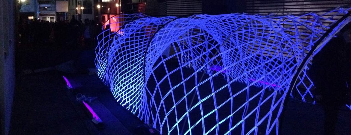 Sydney Installation, Sydney Macrame, Macrame installation, art installation, macramé art, glowing tunnel, recycled fabric, light installation, Sydney artist, Sydney art installation, festival art installation, Artist Melissa carey, Sydney artist