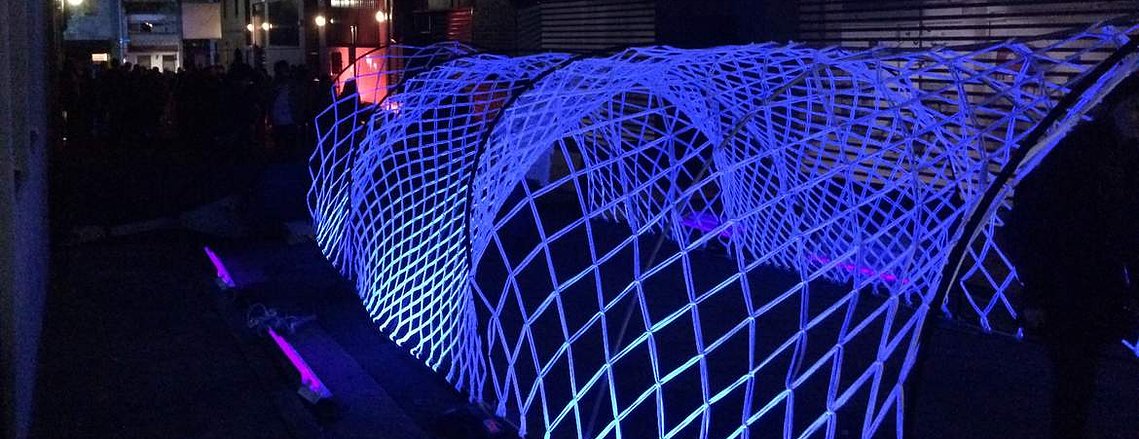Sydney Installation, Sydney Macrame, Macrame installation, art installation, macramé art, glowing tunnel, recycled fabric, light installation, Sydney artist, Sydney art installation, festival art installation, Artist Melissa carey, Sydney artist