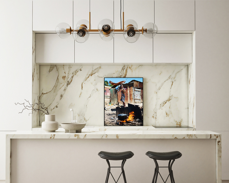 A fine art print of an out door kitchen scene in Madagascar, Africa.