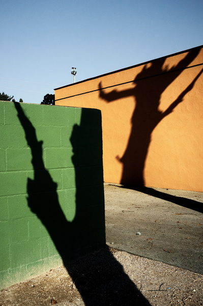Sombras de arboles en dos paredes una verte y otra naranja cielo azul David Salcedo