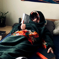 A new snuggie - acquired from an artist on Jeju Island.