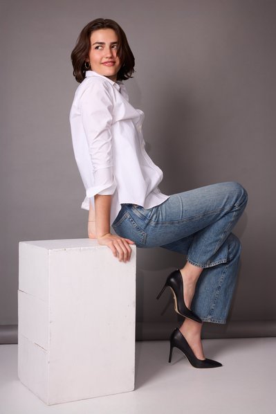 Model posing practice image from NYC portfolio session for aspiring models.