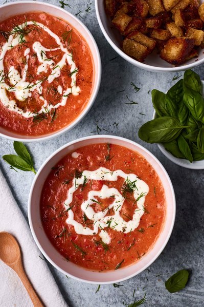 NYC soup photographer capturing steaming bowl of tomato basil for food branding.