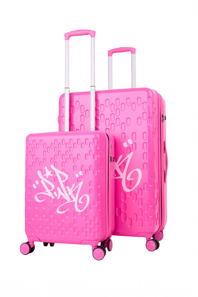 Clean product photo of rolling suitcase for NYC luggage brand website.