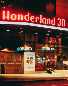 Homeless person sitting at the regal cinema in Union Square NYC, as Wonderland 3d is playing.