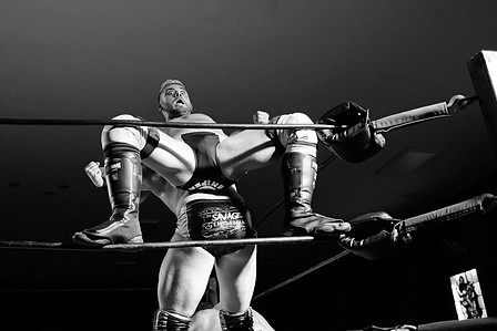 TJ Crawford fighting to stay in the ring as &quot;The Savage Gentleman&quot; Victor Benjamin tries to push him out in a 30 man rumble in WrestlePro&#x27;s &quot;Where Brooklyn At&quot; in Bay Ridge, Brooklyn, October 2022
