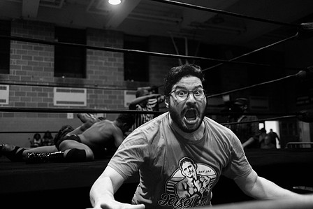 Orion Dove having a conniption, Ray Jaz in the background . Outlaw Wrestling, Brooklyn June 2022