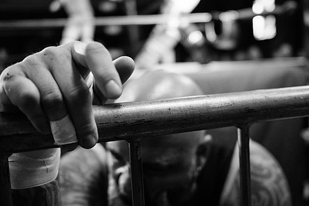 Tony Devito of the Carnage crew tossed out of the ring, and is trying to get himself back up. WrestlePro &quot;Where Brooklyn At?&quot; wrestling event. Brooklyn, NY October 2022.
