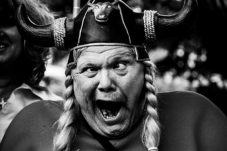 Man making a funny face with a viking helmet in Owl's Head Park, Bay Ridge Brooklyn.