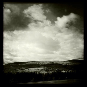 Black and white photograph of the rolling hills of Upstate New York