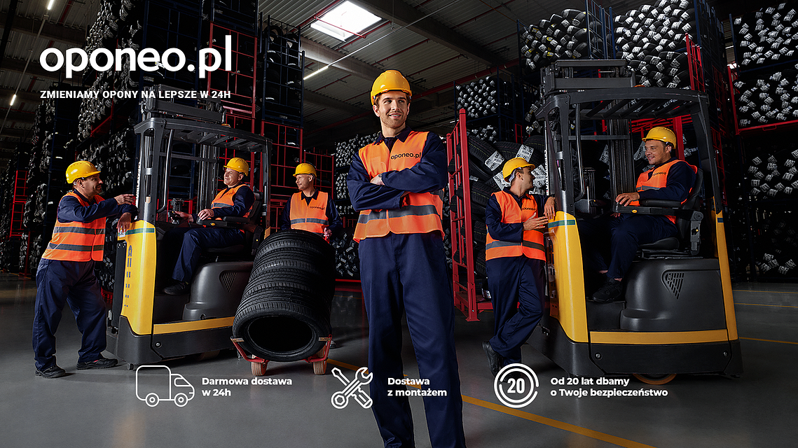 Campaign still showcasing oponeo.pl employees on a break posing in warehouse.  On-set lifestyle shot blending commercial photography techniques with storytelling-driven composition
