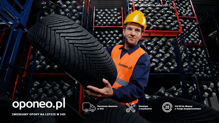 Campaign still showcasing oponeo.pl employee loading tires in action. On-set lifestyle shot blending commercial photography techniques with storytelling-driven composition.