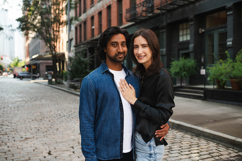 Engagement photo on cobblestone streets in Tribeca, NYC