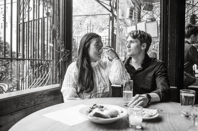 Brooklyn engagement photos in a restaurant
