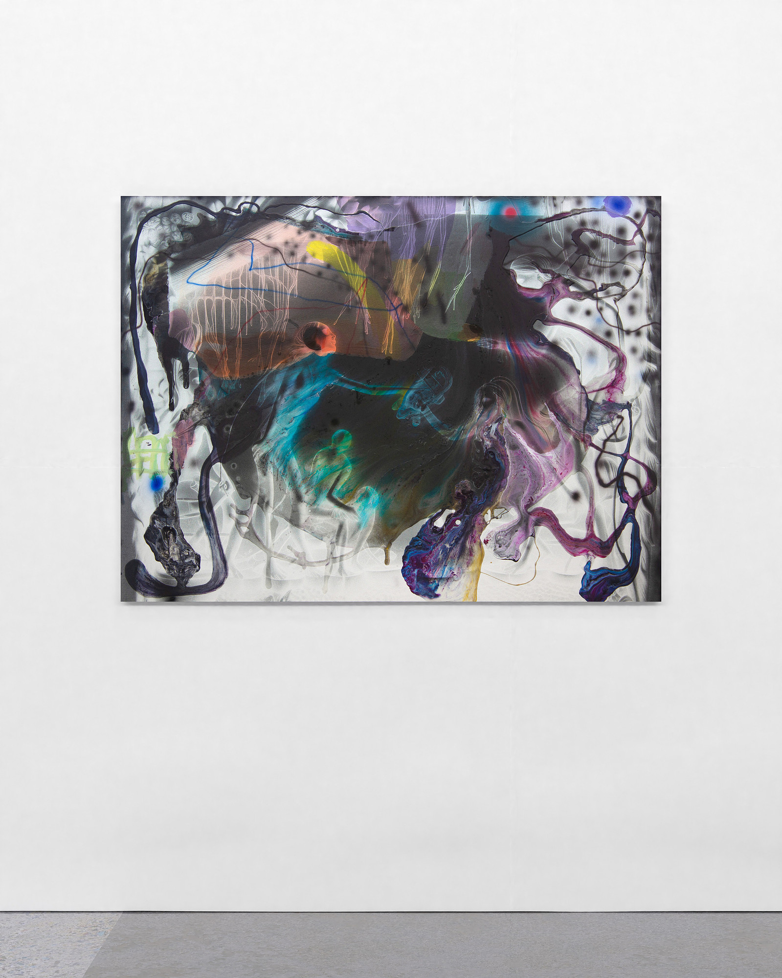 “Looking Glass”, 2023. Acrylic, ink and diffusion generated imagery UV printed on aluminum panel, 36 x 48 inches.