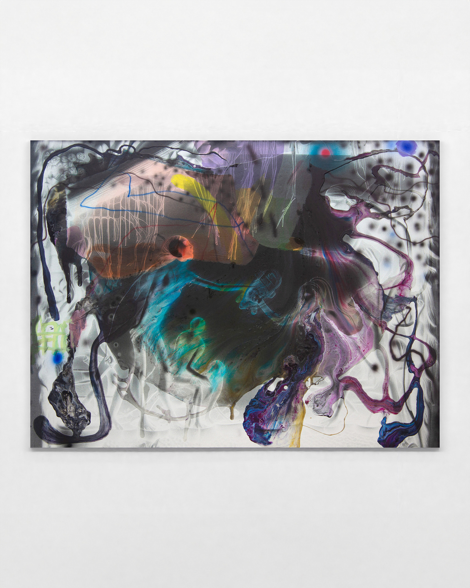 “Looking Glass”, 2023. Acrylic, ink and diffusion generated imagery UV printed on aluminum panel, 36 x 48 inches.