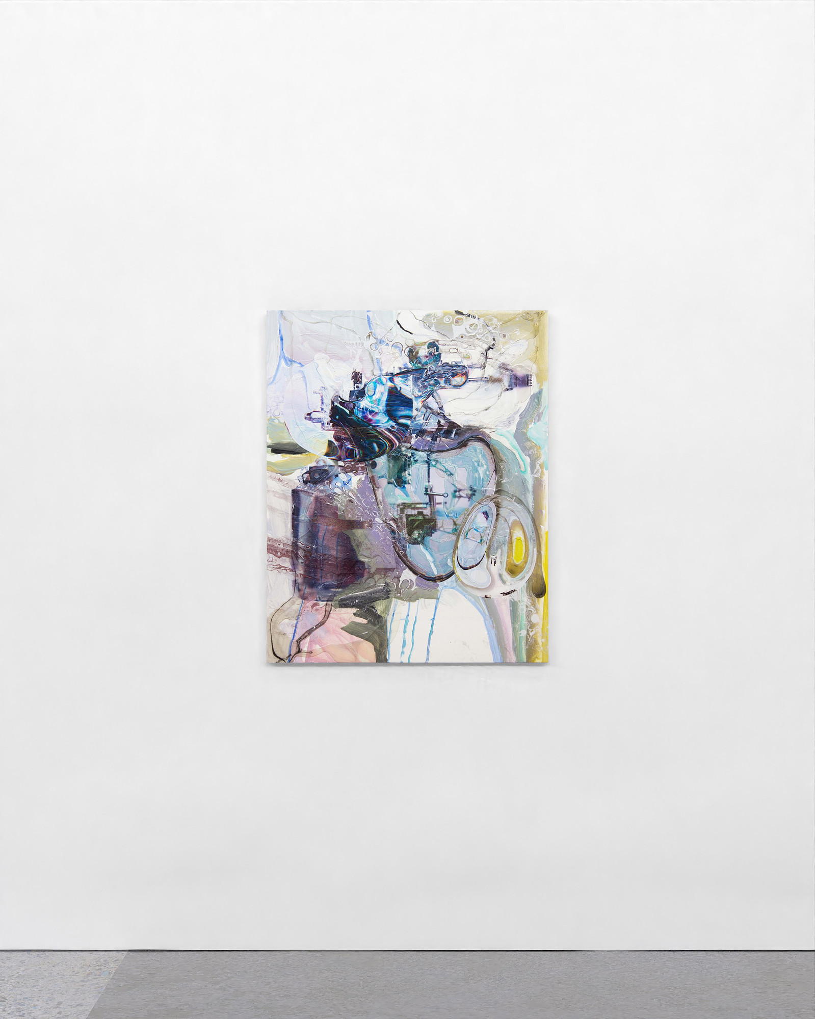 "Purple Green Study", 2023. Acrylic, ink and UV cured ink on panel 30 x 24 inches.