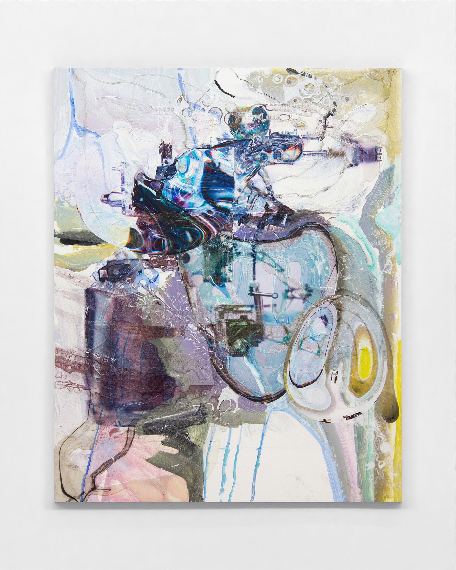 "Purple Green Study", 2023. Acrylic, ink and UV cured ink on panel 30 x 24 inches.