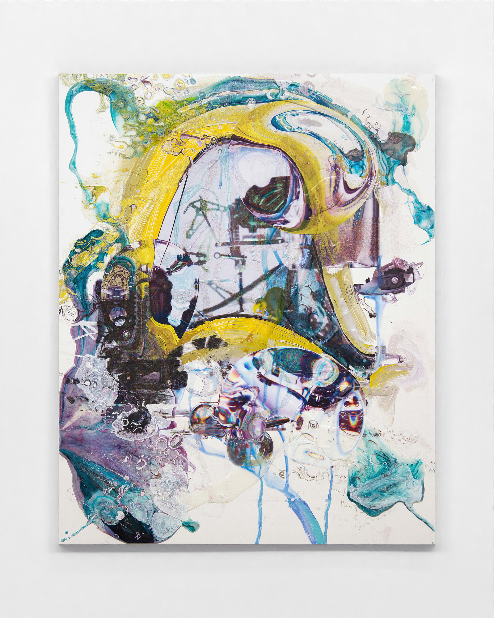 "Teal Yellow Study", 2023. Acrylic, ink and UV cured ink on panel 30 x 24 inches.