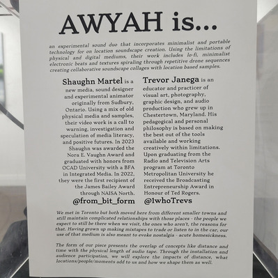 A  printed bio of AWYAH. The  experimental sound duo of  Shaughn Martel, and Trevor Janega