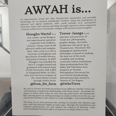 A  printed bio of AWYAH. The  experimental sound duo of  Shaughn Martel, and Trevor Janega