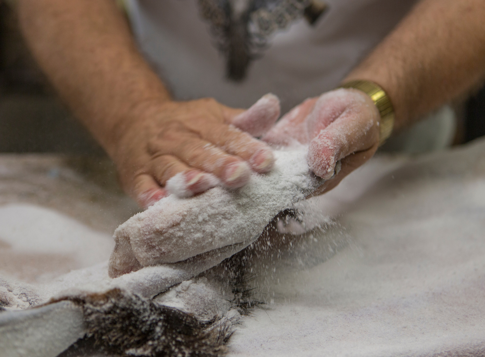 Howard coats a deer hide with borax, which preserves the skin. Although he works mostly with deer, especially during hunting season, he especially enjoys working with turkeys, ducks and other birds.