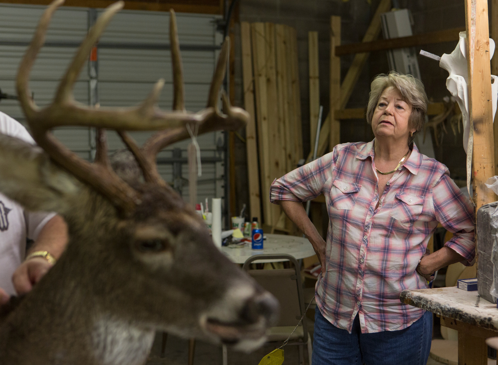 JoAnne Herdon, 77, watches as Howard stitches up the hide of a deer. JoAnne and Howard have been dating for 17 years. Although JoAnne grew up around people who hunted and fished, taxidermy was a new experience for her. "I was