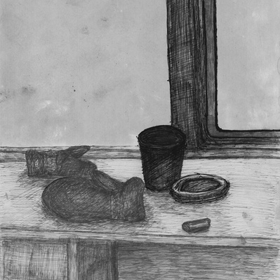 Formative Spaces: perspective pen and ink drawing, pencil drawing by Vermont-based Artist and Photographer, Kevin Michael Smith; sketch of a liftie shack, ski lift at resort Bretton Woods Ski Area in New Hampshire, Mt. Mount Washington, NH. Snowboarding, 