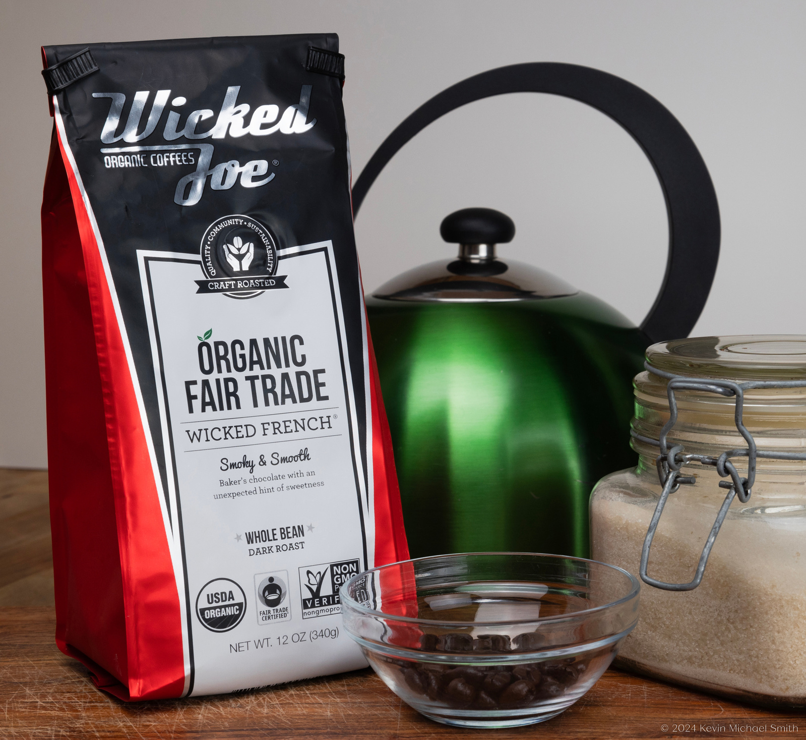 Wicked Joe Coffee, commercial and Product Photography by Kevin Michael Smith. Vermont product photographer, coffee product photography and lifestyle photography. Organic Whole bean coffee. Kitchen product photo.