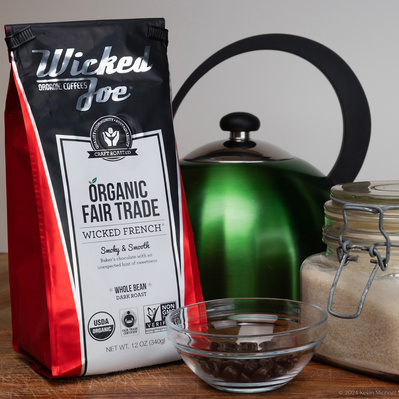 Wicked Joe Coffee, commercial and Product Photography by Kevin Michael Smith. Vermont product photographer, coffee product photography and lifestyle photography. Organic Whole bean coffee. Kitchen product photo.
