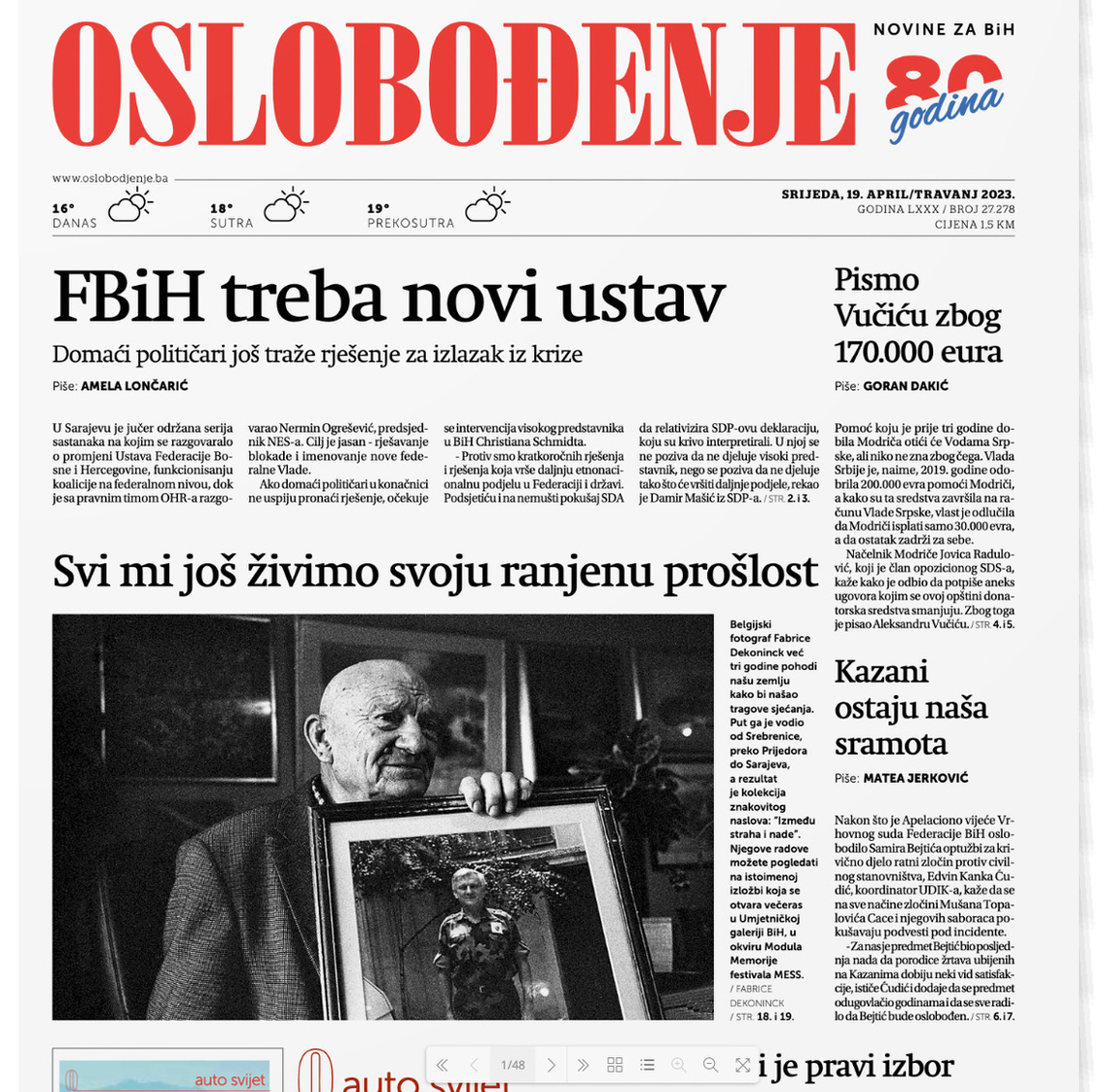Headline of Bosnia's main newspaper Oslobodenje, April 19 2023.