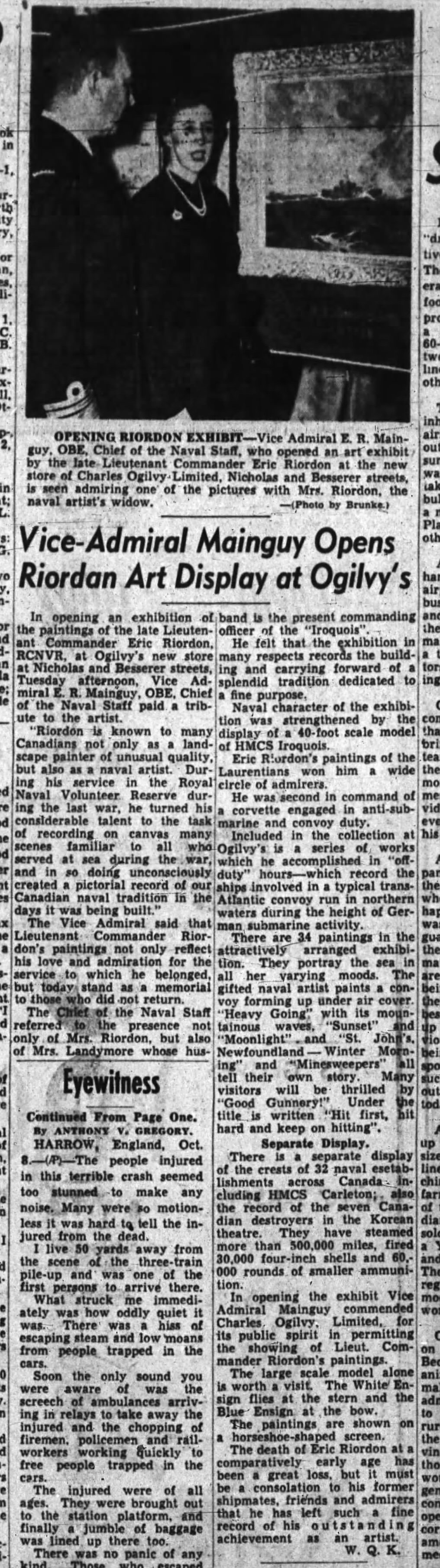 HMCS Iroquois, HMCS Kenora, Battle of the Atlantic, Eric Riordon, Royal Canadian Navy, RCN, North Atlantic Convoy, Exhibition, Ogilvy's Ottawa, John Eric Benson Riordon, E.R. Mainguy, Vice-Admiral