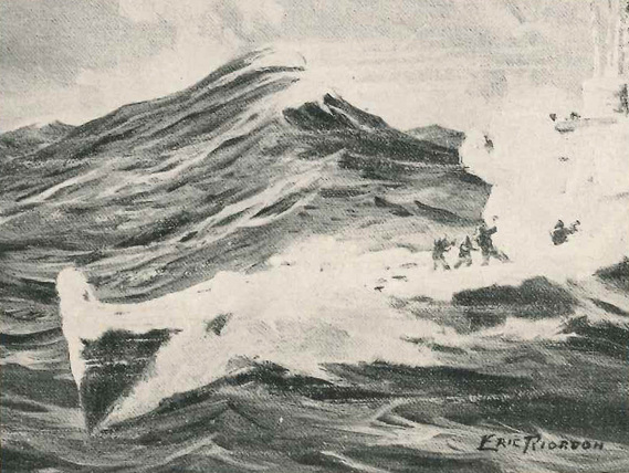  War History, Eric Riordon, WWII, Royal Canadian Navy, North Atlantic Convoy, RCN, Naval Artist, Canadian Art, War Art, Laurentians Landscape,  HMCS Fundy, HMCS Kenora, Icing up,