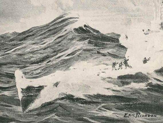  War History, Eric Riordon, WWII, Royal Canadian Navy, North Atlantic Convoy, RCN, Naval Artist, Canadian Art, War Art, Laurentians Landscape,  HMCS Fundy, HMCS Kenora, Icing up,