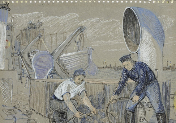 Canadian War Museum, War History, Eric Riordon, WWII, Royal Canadian Navy, North Atlantic Convoy, RCN, Naval Artist, Canadian Art, War Art, Official War Artist, Laurentians Landscape, Donald C Mackay, 