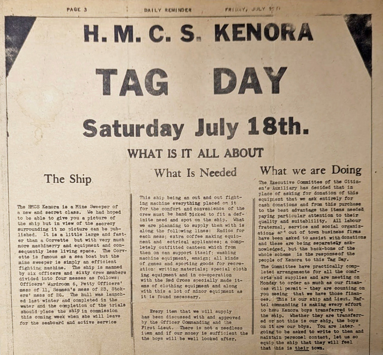 HMCS Kenora, Eric Riordon, rcn, kenora, canadian artist, war artist, navy artist, port arthur, pascol,  Fred Naftel, city of kenora,
